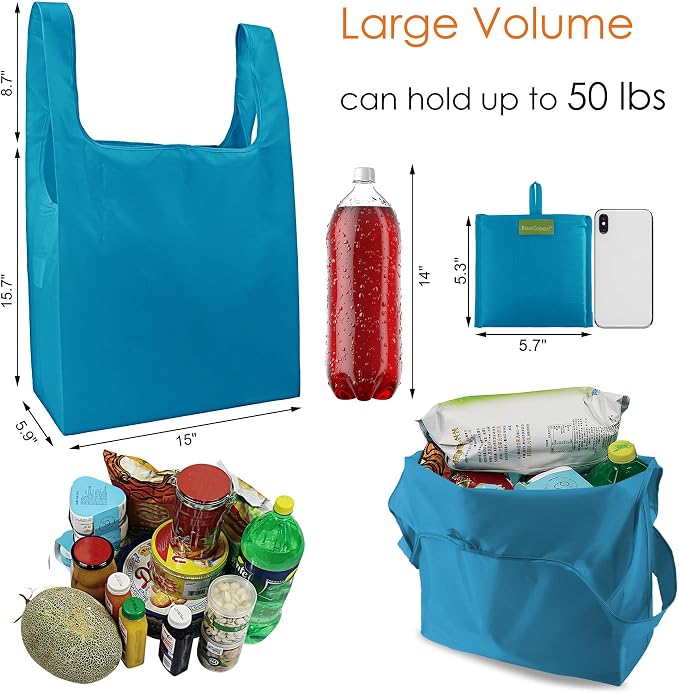 BeeGreen Reusable Grocery Bags Lake Blue Kitchen Bags Bulk Foldable-Machine Washable with Zipper Storage Pouch 50 Packs - Image 2
