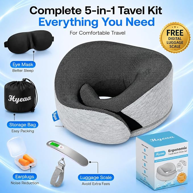 Travel Pillows for Airplanes - Memory Foam Neck Pillow for Sleeping and Travel - 360° Support Airplane Pillow Set with Eye Mask, Earplugs & Luggage Scale, Portable Travel Essentials. Light Grey - Image 8