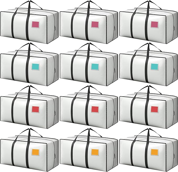 12 Pack Moving Bags with Full-Open Side Zipper, Extra Large 93L Heavy Duty Waterproof Foldable Storage Totes for College Dorm, Moving & Home Organization,White by RMOHRO