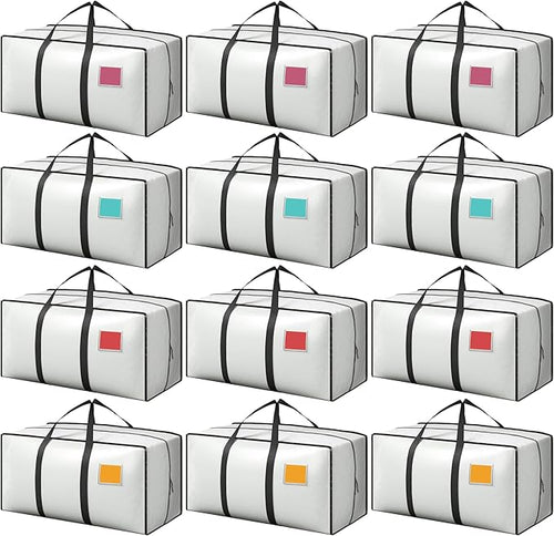 12 Pack Moving Bags with Full-Open Side Zipper, Extra Large 93L Heavy Duty Waterproof Foldable Storage Totes for College Dorm, Moving & Home Organization,White by RMOHRO