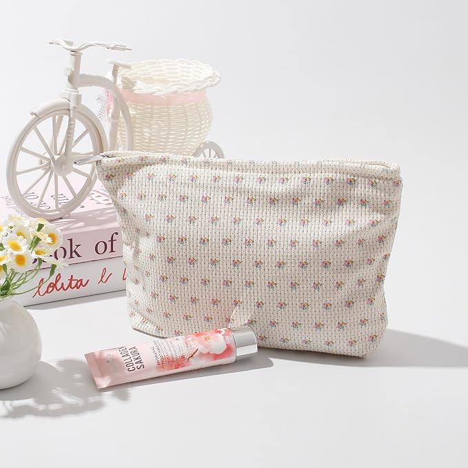 Cosmetic Bags for Women - Corduroy Cosmetic Bag Aesthetic Women Handbags Purses Smile Dots Makeup Organizer Storage Makeup Bag Girls Case Bags (Flowers-Apis) - Image 2