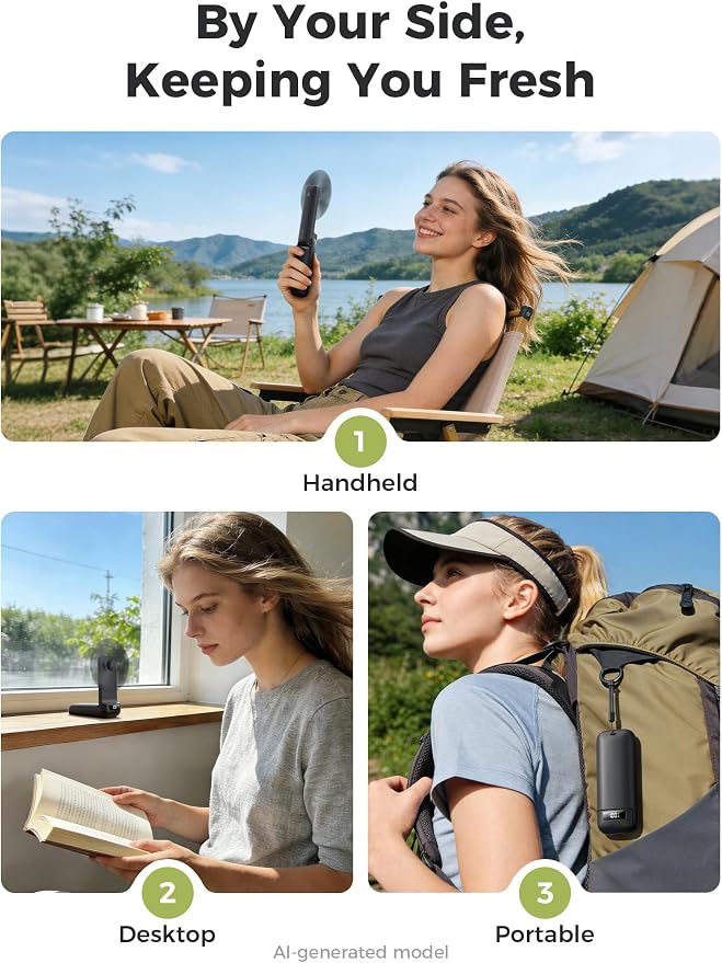 Aecooly Slim Portable Fan with Digital Display, Thin Handheld Fan | USB Rechargeable Mini Personal [24H Max Cooling Time], Battery Powered Small Foldable Pocket Gifts for Women, Travel -Black - Image 3