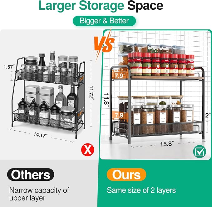 Spice Rack Organizer for Countertop with Wood Top, 2-Tier Foldable Metal Rust-Proof Standing Large Seasoning Storage Shelf with Guardrail & Mesh Design for Kitchen Cabinet Living Room, Black - Image 3
