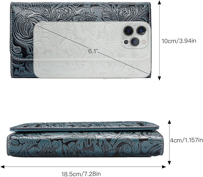 GOIACII Leather Wallets for Women RFID Blocking Western Clutch Blue | Embossed Design, Trifold, Large Billfolds, Vintage Flower, Ladies Purses with Zipper Coin Pocket - Image 5