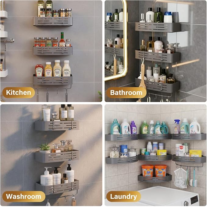 3-Tier No-Drill Storage Caddy with Hooks&Towel Bar,Organizing Solution for Bathroom,Shower&Kitchen,Holds Shampoos,Soaps,Sponges&Cleaners,Rectangle - Image 6
