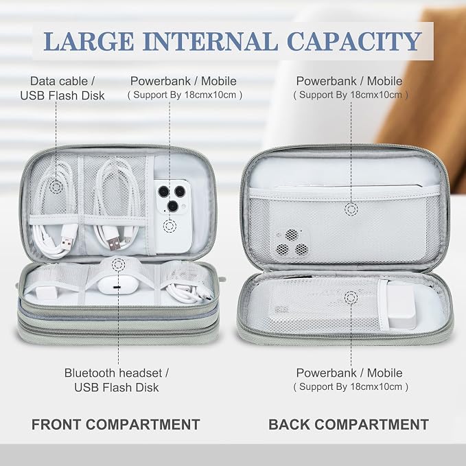 FYY Electronic Organizer, Travel Tech Pouch Bag, Medium, Light Grey | Wrist Strap, Waterproof, Double Layers Portable Electronics Travel Carrying Case for Cord, Charger, Daily Business Trips Use - Image 3