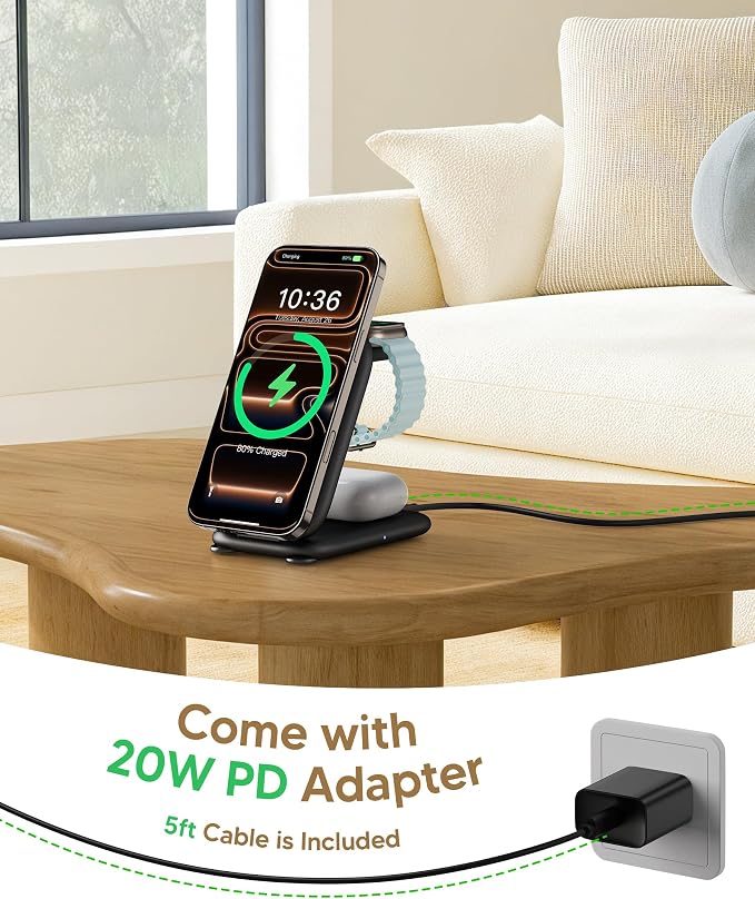 PaktVault Traveling Fast Wireless Charging Station for Apple Devices | Magnetic 3 in 1 Phone Charger Stand for MagSafe-enabled iPhone 17 16 15 14 13 12 Pro Max Plus Air, Apple Watch&Air pods Pro - Image 5