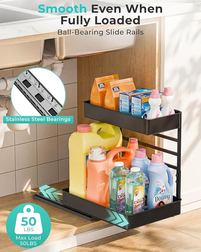 EVERIE Height Adjustable 2 Tier Metal Pull Out Slide Shelf Organizer for Under Sink Cabinets in Kitchen, Bathroom, with Snap-on Top Tray, 16" Deep (Black, 2 Sets) | Pull Out - Image 4