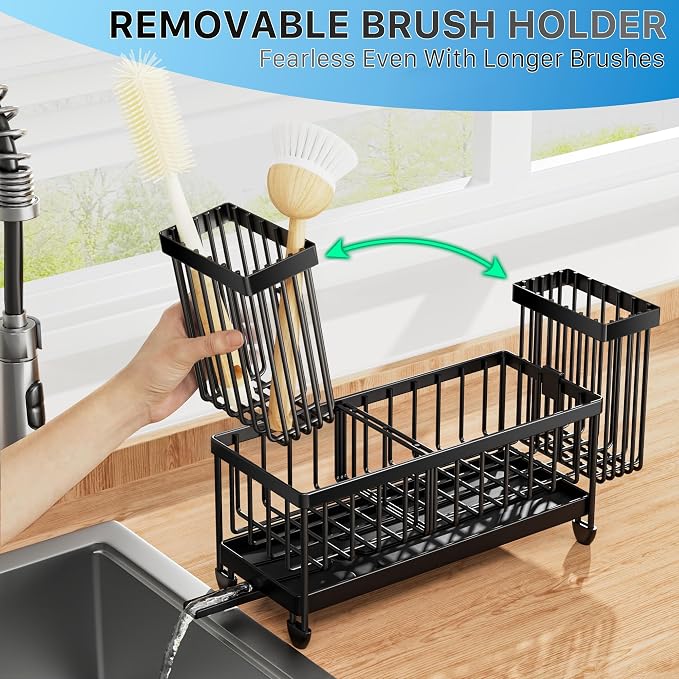 Cisily Sponge Holder for Kitchen Sink, Sink Organizer with Brush Holder | Kitchen Countertop Organizers and Storage Essentials, Rustproof 304 Stainless Steel (Black, 9.25″) - Image 3