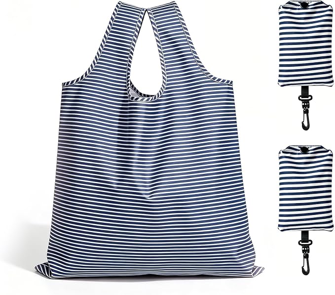 2 Pack Reusable Shopping Bag, Foldable Grocery Bags, Blue Stripes | Large Capacity, Washable, Grocery Tote, Utility Travel Shoulder Bag by MOLOVACase