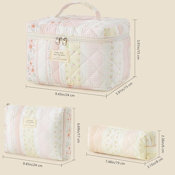 HBselect Quilted Makeup Bag, 3Pcs Cotton Large Travel Makeup Bags Organizer | Cute Floral Make up Bag Cosmetic Bag Toiletry Bag for Women Girls, Makeup Pouch for Skincare, Brushes & Travel Essentials - Image 6