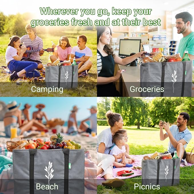 Green Bulldog 2Pack Insulated Grocery Bags – Foldable Reusable Cooler Bags with Handles for Everyday Use, Groceries, Food Delivery, and Shopping – 16”x9”x13”, Gray - Image 7
