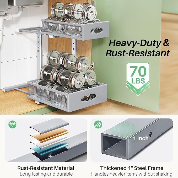 Under Sink Organizer, 1-Pack Pull Out Cabinet Organizer 2 Tier Metal Slide Out Storage Shelf Rack, L-Shaped Adjustable Height,Mesh Sliding Drawer for Kitchen, Bathroom, Laundry, Pantry, Grey, XL - Image 6