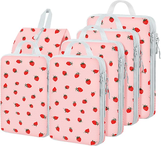 6 Set Compression Packing Cubes, Suitcase Organizer, Lightweight Travel Essentials, Compression Bags For Travel Accessories Luggage Storage Set (6Pcs, Pink Strawberries) by Unknown