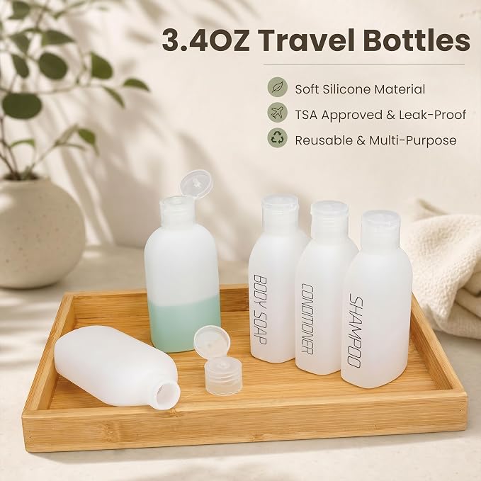 Cosywell 5 PCS 3.4oz Pre-Printed TSA Approved Travel Bottles for Toiletries | Preprinted with SHAMPOO, CONDITIONER and BODY SOAP, Soft Touch, HDPE Plastic, Leak Proof, Funnel, and a Toiletry Bag - Image 3