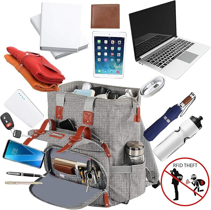 FALANKO Laptop Backpack for Women, Work Doctor Teacher Nurse Wide Open College School Student 17.3 Inch Laptops Bookbag Purse Travel RFID Computer Bag for Men Women Girls Grey - Image 3