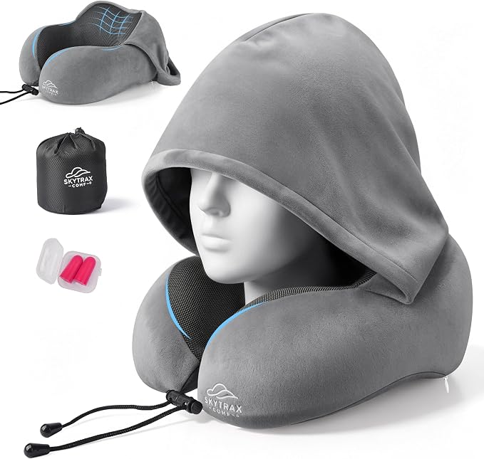 SkytraxComf® Travel Neck Pillow with Hood for Privacy on Long Flights | Memory Foam | Airplane Sleep | Safety-Tested Materials | Extra Large Hood | Chin Support | Earplugs | Washable Cover by SKYTRAXCOMF