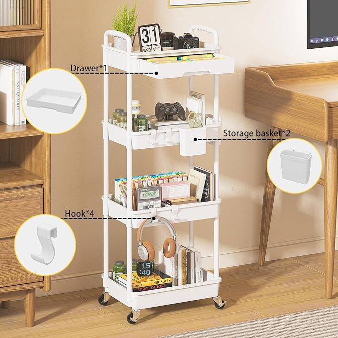 4 Tier Rolling Utility Cart with Drawer, Plastic Storage Organizer Rolling Carts with Wheels Handles Hanging Cups Hooks for Office, Bathroom, Kitchen,Craft Art Room (White) - Image 3