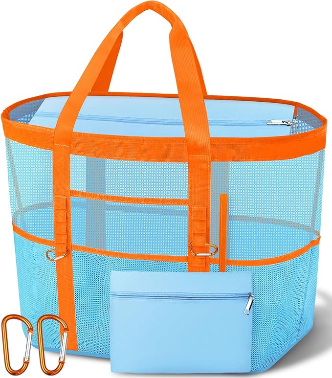 Chic Cruise Essentials Beach Bag for Women, Large Zip Top Tote, 11 Pockets | 40L+ Spacious;Mesh × Canvas;Zipper Pouch;Secure Zip-Top;Sand-Resistant Base by Yeendibo