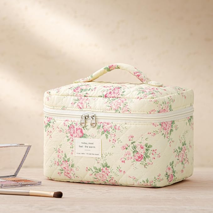 HBselect Quilted Makeup Bag, 3Pcs Cotton Large Travel Makeup Bags Organizer | Cute Floral Make up Bag Cosmetic Bag Toiletry Bag for Women Girls, Makeup Pouch for Skincare, Brushes & Travel Essentials - Image 5