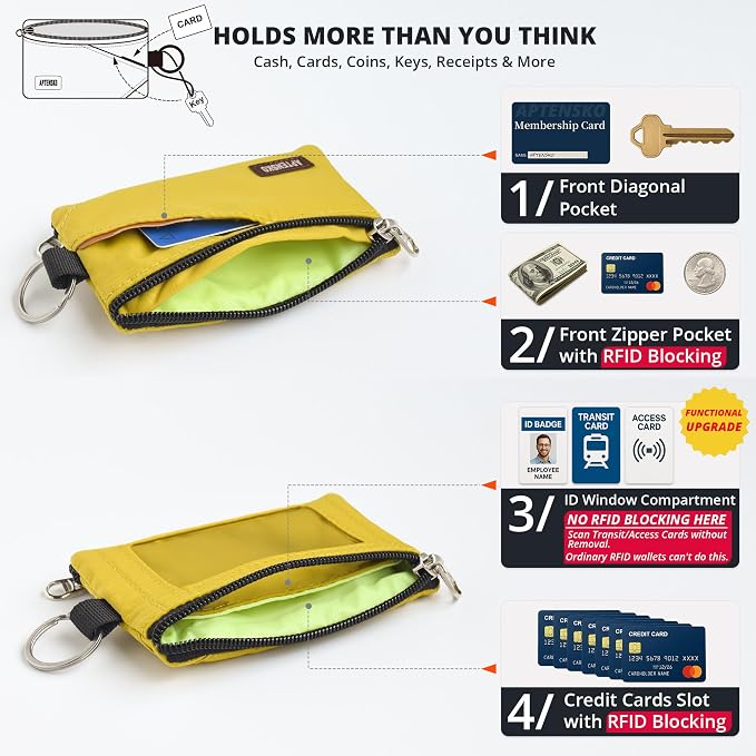 RFID Blocking Travel Wallet with Adjustable Lanyard, Small Nylon Zipper Pouch and Badge Holder for ID, Credit Cards, Cash, Keys, Commuters (Dark Yellow) - Image 6
