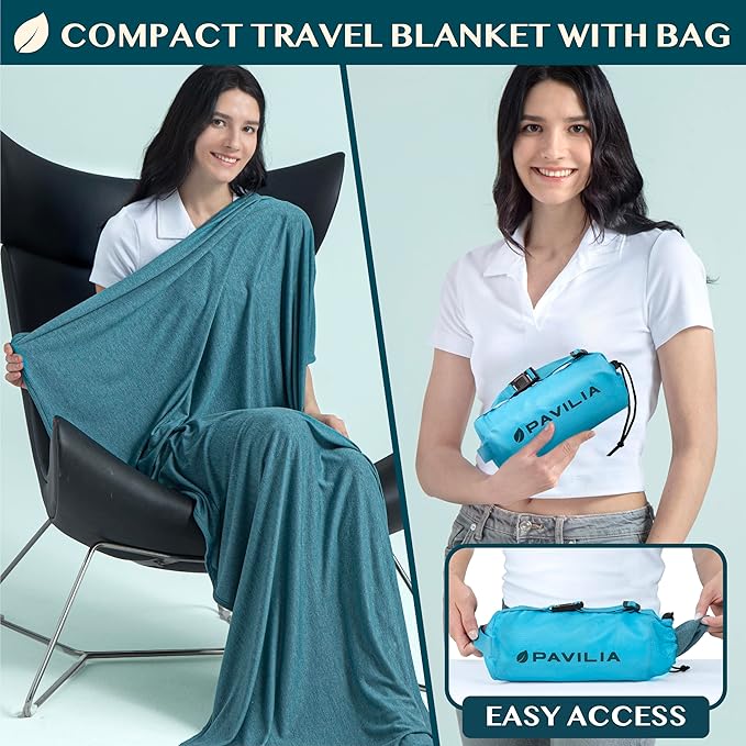PAVILIA Travel Blanket Airplane Compact with Bag Lightweight, Teal Blue | Soft Fleece Plane Long Flights, Camping Road Trips, Packable Traveler Gift Essentials with Luggage Backpack Strap, 65x40 - Image 2