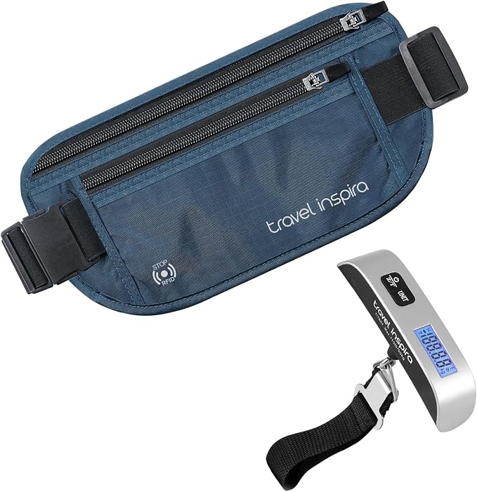 travel inspira RFID Blocking Travel Money Belt with Anti-Thief Zip - Slim Passport Holder and Digital Luggage Scale 110 Pounds, Battery Included by TravelInspira