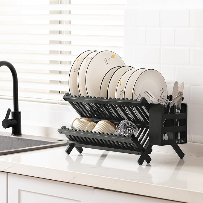 HBlife Dish Rack, Bamboo Folding 2-Tier Collapsible Drainer Dish Drying Rack with Utensils Flatware Holder Set (Dish Rack with Utensil Holder) - Image 7