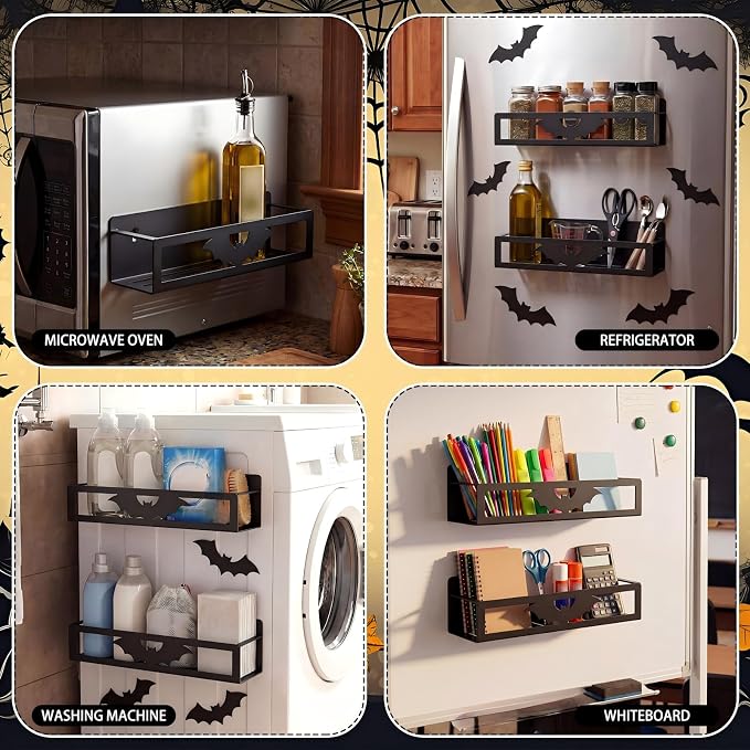 Beeveer 2 Pcs Magnetic Spice Rack for Refrigerator, Black Bat | Halloween Gothic Kitchen Decor, Spooky Home Accessories, 2 Sizes Metal Storage Shelf for Fridge Spices, No Drilling - Image 6