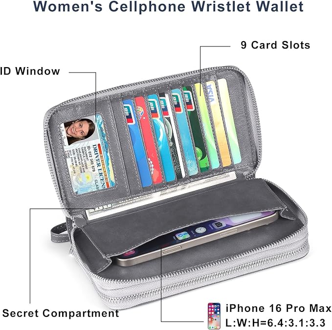 RFID Blocking Cellphone Wristlet Bag for Women Dual Zipper Travel Purse Large Capacity 17 Card Holder Ladies Phone Clutch with Removable Strap, Grey - Image 3