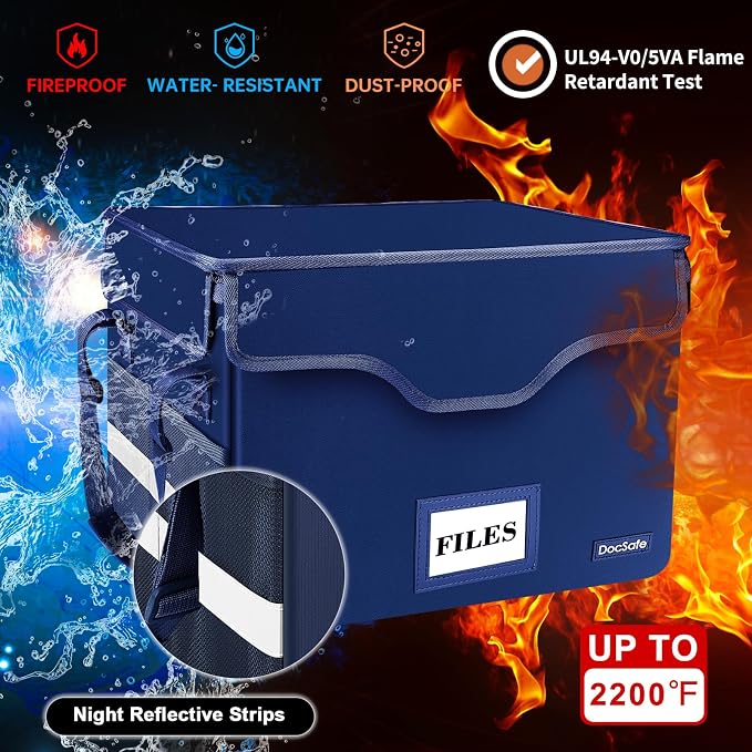 DocSafe Fireproof Document Box with Lock, File Storage Organizer with Mesh Pockets, Collapsible Portable File Box Home Office Safe Filing Cabinet with Handle for Hanging Letter/Legal Folder, Blue - Image 3