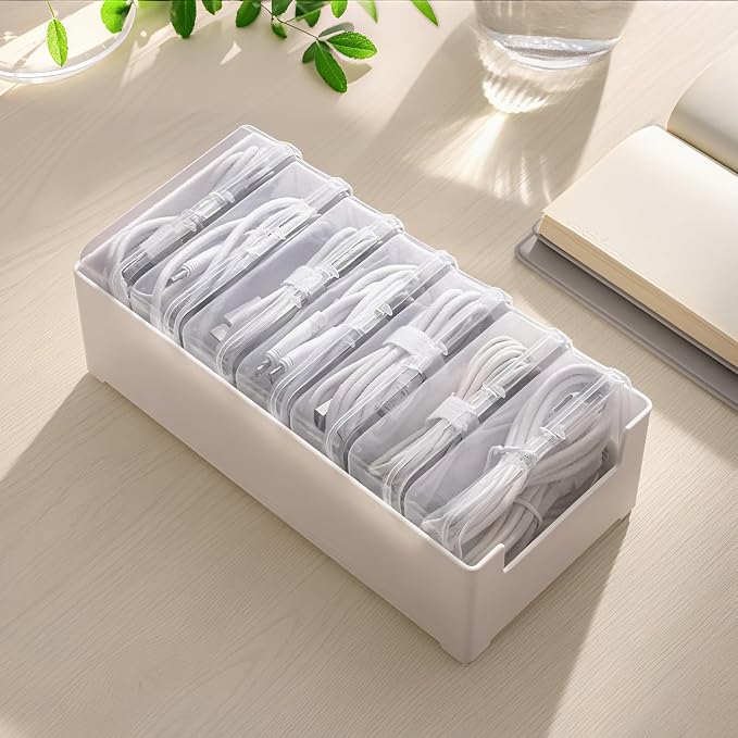 RayHenry Cable Organizer Box with 7 Clear Switch Case, Desktop Charger Cord Storage Organizer Box for Home Office Desk Accessories Wire Organization Stationery Supplies (white) by RayHenry