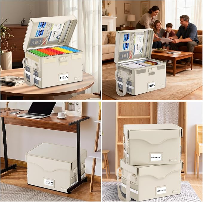 DocSafe 5200°F Fireproof Document Box with Lock,Heat Insulated File Organizer Storage with Pockets,Collapsible Portable Home Office File Safe Box with Handle for Hanging Letter/Legal Folders, Beige - Image 2