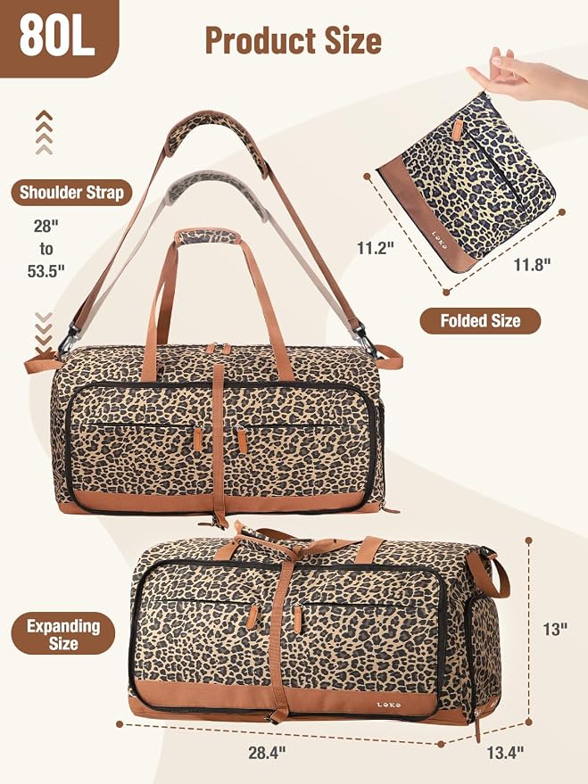 Lekesky Foldable Travel Duffel Bag for Women, 80L Large Duffle Bag with Separate Shoes Compartments & Straps, Carry On Weekend Bag for Women, Hospital, Overnight(Leapord) - Image 3