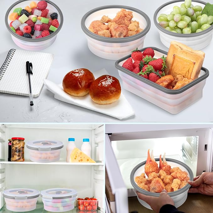 12 Silicone Collapsible Food Storage Containers Foldable Silicone Lunch Container 6 Rectangle and 6 Round Airtight Collapsible Bowl with Lid Set for Kitchen Microwave (Translucence Gray) - Image 4