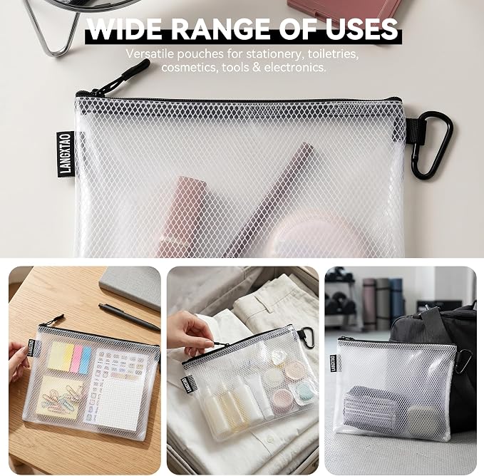 5 Pack Clear Zipper Pouches, Tool & Cable Organizer Waterproof Travel Pouch | Build In Carabiner Clip & Label Sticker, Waterproof Pouch, Mesh Zipper Pouch Bags, Tool Bag, Travel & Tech Pouch, Multi-Size - Image 7