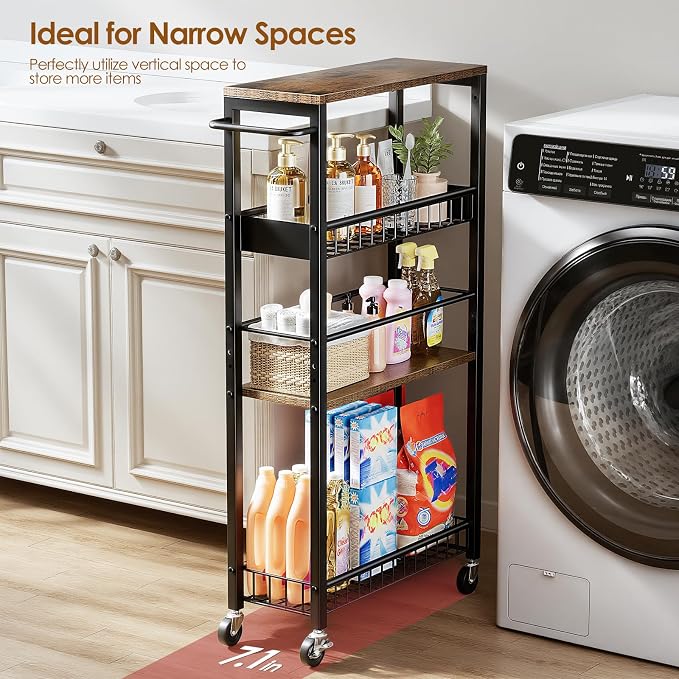 Slim Rolling Storage Cart, 4 Tier Narrow Storage Cart, 7.1in(W) | Metal Kitchen Rolling Cart for Small Spaces, Narrow Shelf for Kitchen, Laundry Room, Bathroom, Living Room - Image 2