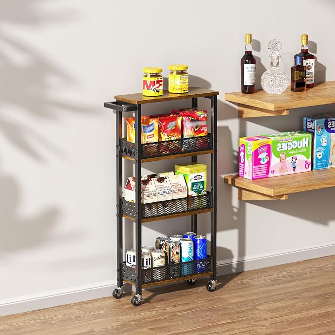 4-Tier Rolling Slim Storage Cart Kitchen Bathroom Laundry Organizer | 5.9"wide, wood rack tier, with 3 hooks, carbon steel, suitable for compact spaces, 360° swivel wheels with brakes, black - Image 7