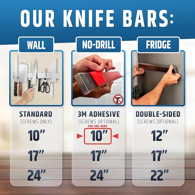 10" Strong Adhesive (No Drill) Magnetic Knife Holder for Wall - Professional Knife Strip - No Screws Needed - Adhesive Backing - Stainless Steel Bar (Upgraded Version – Will Not Fall) - Image 2