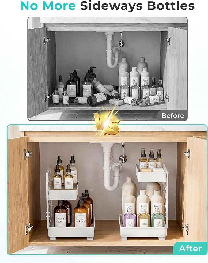 EVERIE Height Adjustable 2 Tier Metal Pull Out Slide Shelf Organizer for Framed or Frameless Under Sink Cabinets in Kitchen, Bathroom, with Snap-on Top Tray (White, 2 Sets) - Image 2