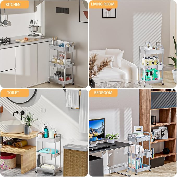 3 Tier Rolling Utility Cart with Drawer,REBECAT Utility Cart Made of Multifunctional Storage Organizer Tool for Kitchen,Bathroom,Living Room,Office(Gray) - Image 6