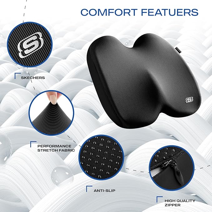 Skechers Seat Cushion, Ergonomic Memory Foam Cushion for Long Sitting Hours on Office & Home Chair, Car Seat Cushion for Sciatica, Coccyx Cushion,Black - Image 3