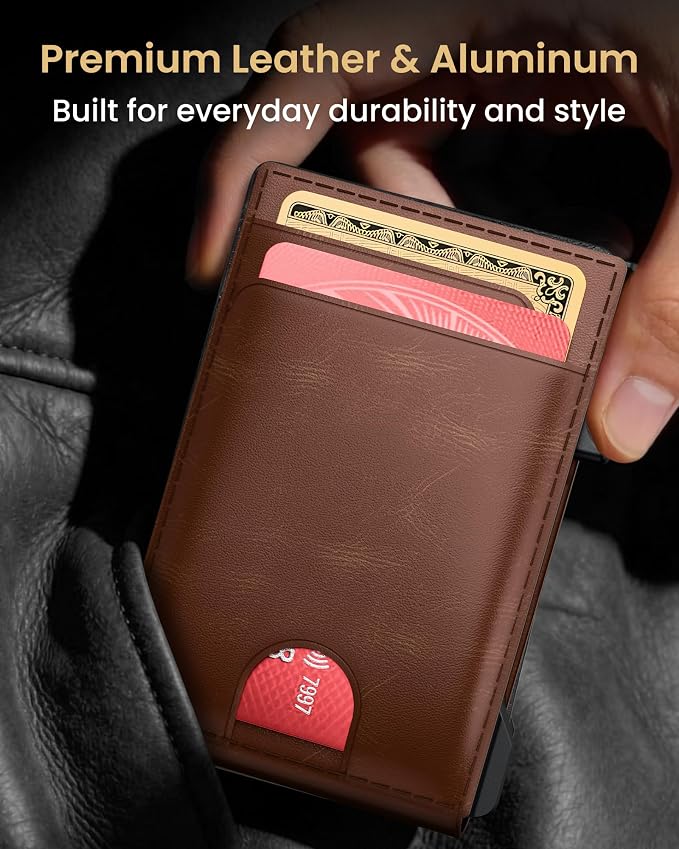 Wallet for Men Card Holder: Pop Up Card Case, Genuine Leather, Smart, RFID Blocking, Slim, Minimalist, Thin, Front Pocket - 12 Card Capacity, ID Window, Money Clip (Brown) - Image 7