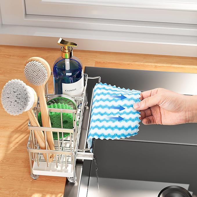 Cisily Sponge Holder for Kitchen Sink, Sink Caddy Organizer with High Brush Holder, Kitchen Countertop Organizers and Storage Essentials, Rustproof 304 Stainless Steel (Silver with Towel Rack, 9.25″) - Image 2