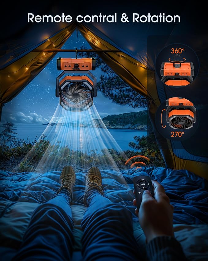 Portable Rechargeable Camping Fan 20000mAh Cordless Battery Powered Fans | with LED Lantern, Remote Auto Oscillating USB C Operated Table Ventilador for Travel Picnic Barbecue Outdoor Tent - Image 6
