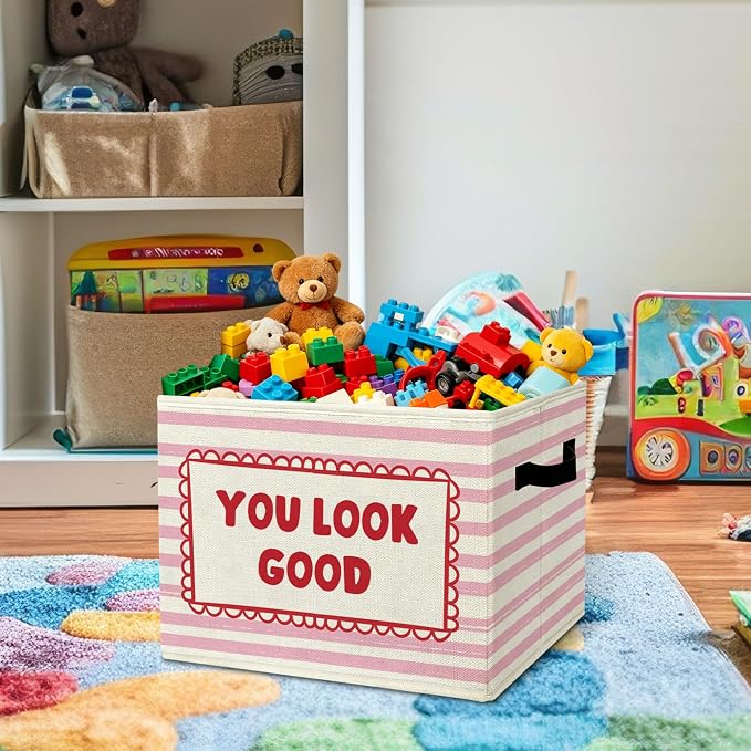 Positive Affirmation Nursery Storage Bins Box with Handles Organizer Basket | encouraging heartfelt foldable basket for organizing, stripe collapsible toy clothes for playroom classroom bedroom, 10x14 in - Image 2