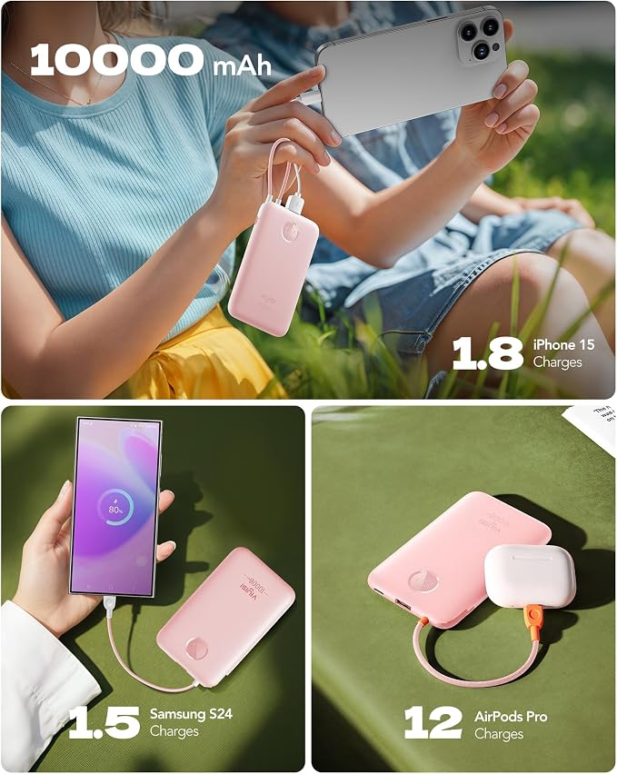 VIYISI 0.58” Slim Portable Charger Small 10000mAh with Built-in USB C Cable | PD 20W Compact Power Bank Fast Charging Battery Pack Cute Travel Essential for iPhone 17 16 15 Samsung S25 A16 Android-Pink - Image 7