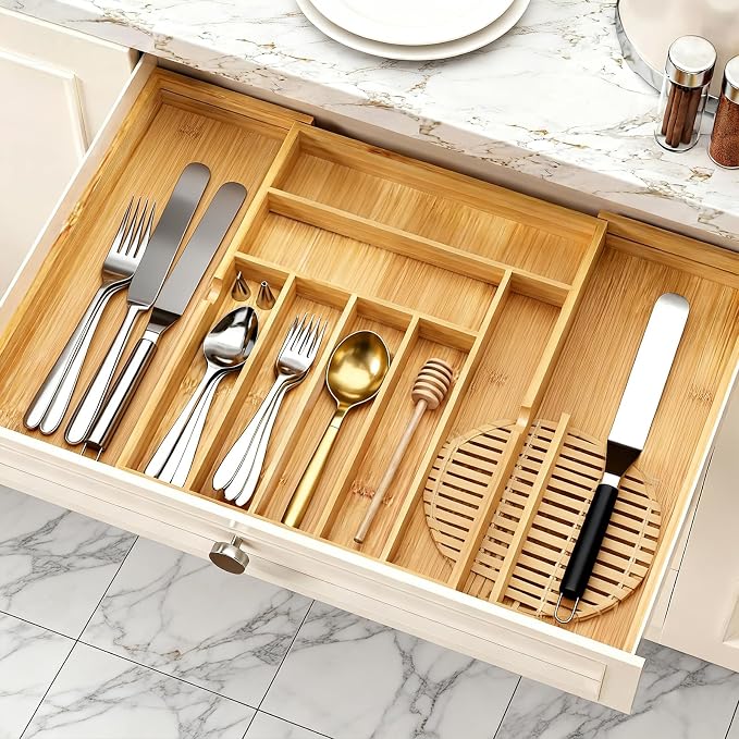 Bamboo Expandable Silverware Drawer Organizer, Adjustable Utensil Tray Cutlery Holder for Kitchen Drawer, Flatware Storage Organizer for Spoons, Forks and Knives, Natural (9 Slot,) - Image 9