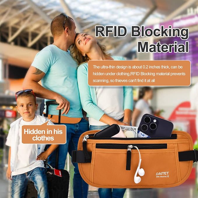 RFID Blocking Money Belt for Men Women, Slim Fanny Pack for Travel，Running,Conceal Waist Wallet for Passport Holder,Phone,Cash(Brown Orange) - Image 2