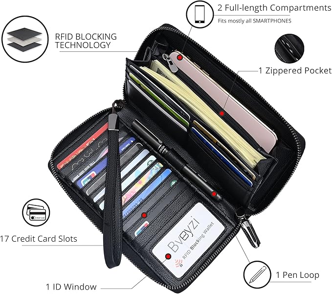 Bveyzi Women RFID Blocking Wallet Leather Zip Around Phone Clutch Large Capacity Ladies Travel Purse Wristlet - Image 3